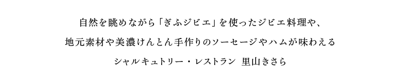 自然を眺めながら「ぎふジビエ」を使ったジビエ料理や、地元素材や美濃けんとん手作りのソーセージやハムが味わえるシャルキュトリー・レストラン 里山きさら